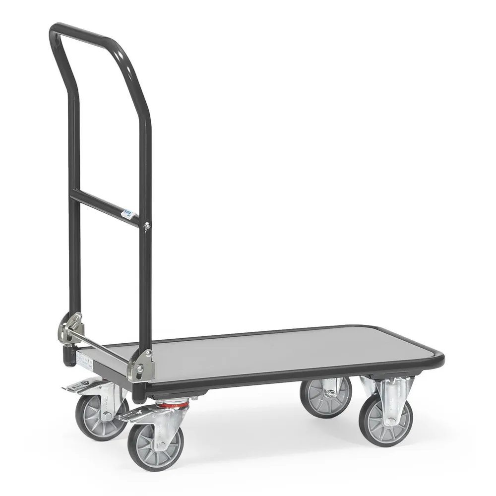 fetra® Plattformwagen mit Holzladefläche, Bügel klappbar, BxT 450 x 720 mm, TK 250 kg, anthrazitgrau