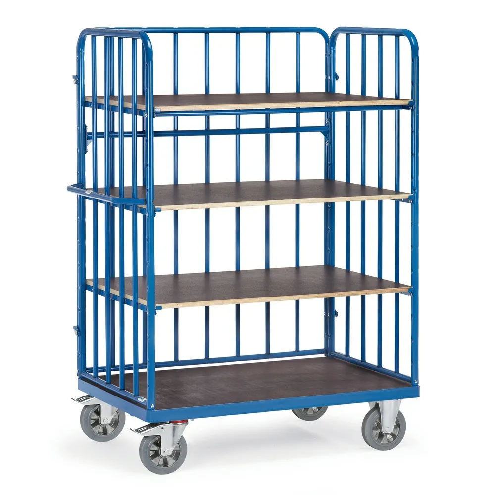 fetra® Schwerlast-Etagenwagen, 4 Etagen, 3 Gitterwände, Tragkraft 1.200 kg, HxBxL 1.817 x 724 x 824 mm