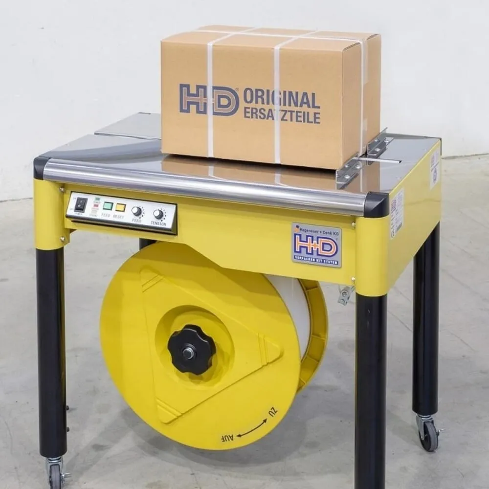 Halbautomatische Umreifungsmaschine HDS-25, mobil mit Lenkrollen, für Bandbreite 12 mm
