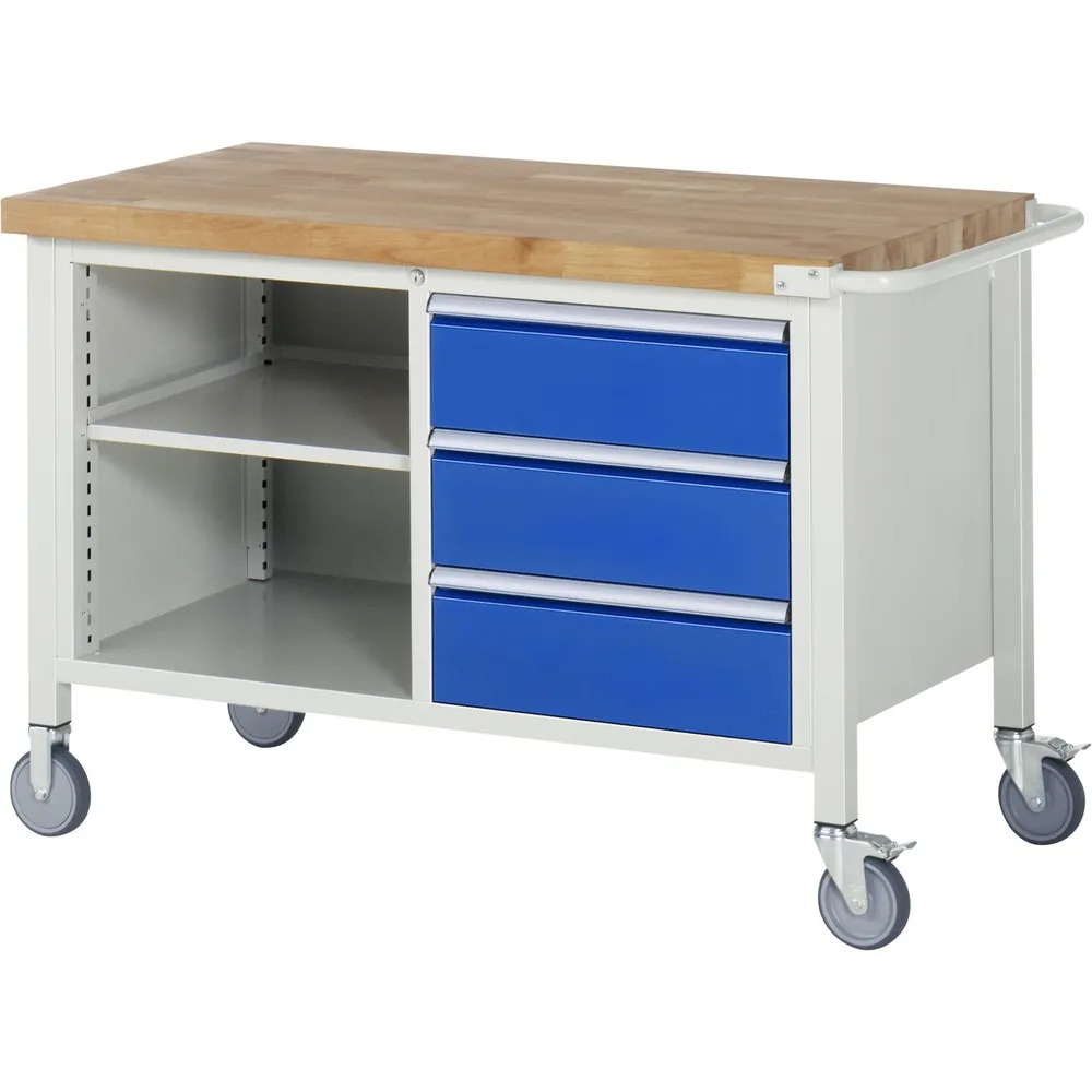RAU mobile Werkbank Serie 8000, 1 Doppel-Container, 1 Fachboden, HxBxT 880-1.080 x 1.250 x 700 mm, 3 x 100%-Auszug-Schubladen