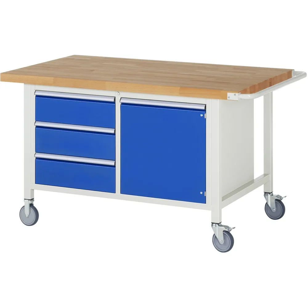 RAU mobile Werkbank Serie 8000, 1 Doppel-Container, 1 Flügeltür, HxBxT 880 x 1.500 x 900 mm, 3 x 90%-Auszug-Schubladen