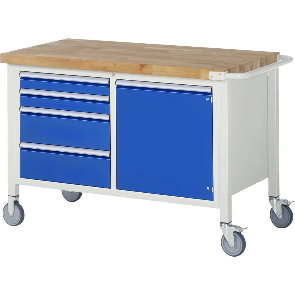 RAU mobile Werkbank Serie 8000, 1 Doppel-Container, 1 Flügeltür, HxBxT 880 x 1.250 x 700 mm, 4 x 90%-Auszug-Schubladen