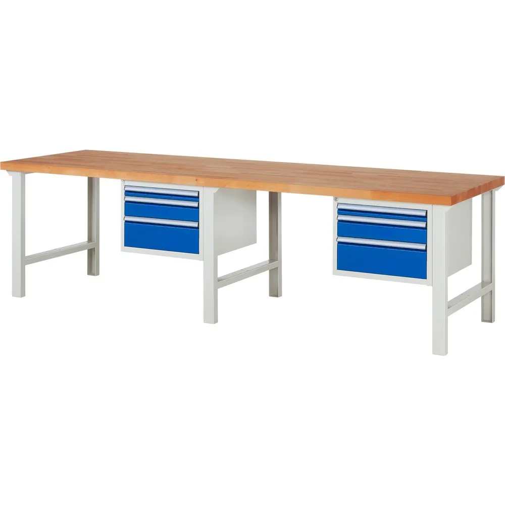 RAU Werkbank Serie 7000, 2 Container, HxBxT 840 x 3.000 x 900 mm, 6 x 90%-Auszug-Schubladen 2 x 60 mm, 2 x 120 mm, 2 x 180 mm