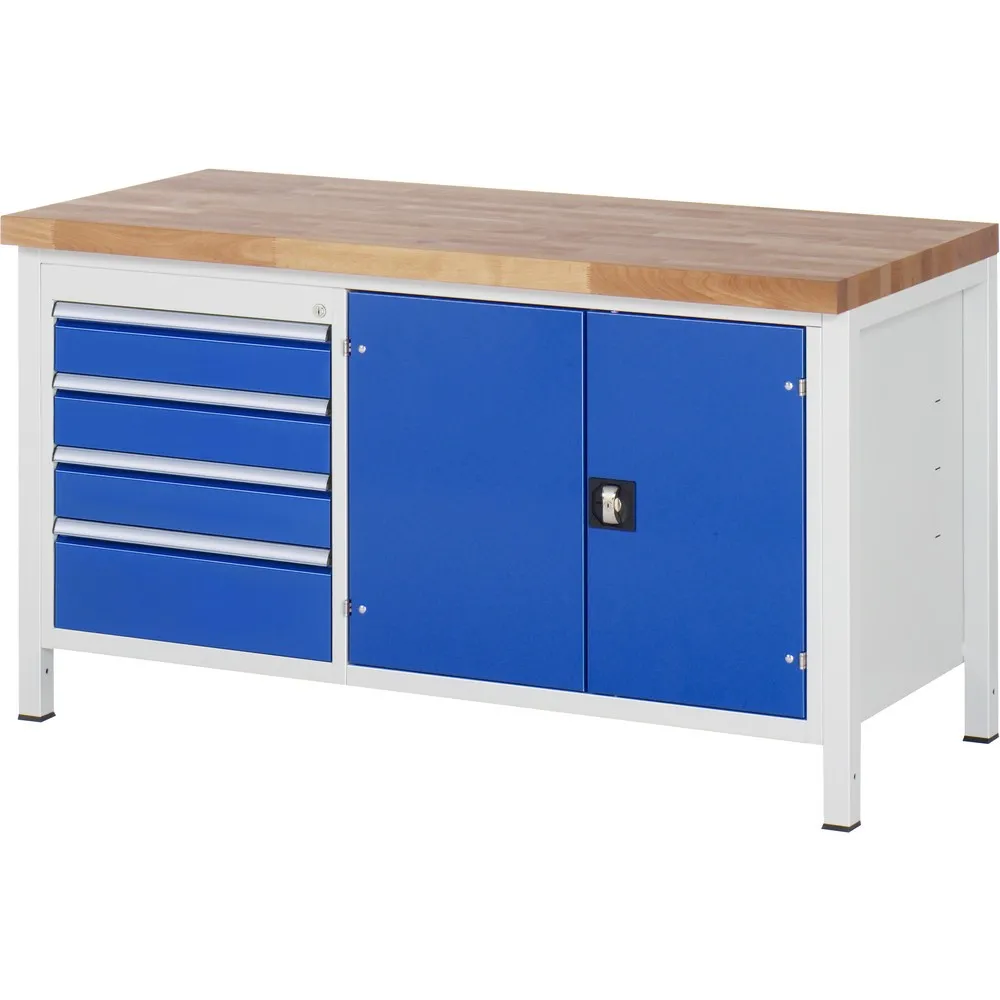 RAU Werkbank Serie 8000, 1 Doppel-Container, 1 Doppel-Flügeltür, HxBxT 840 x 1.500 x 700 mm, 4 x 90%-Auszug-Schubladen