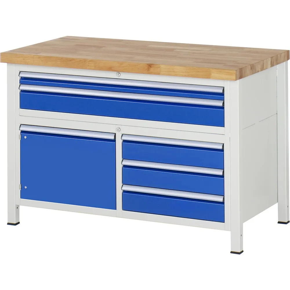 RAU Werkbank Serie 8000, 1 Dreifach-Container, HxBxT 840 x 1.250 x 700 mm, 5 Schubladen