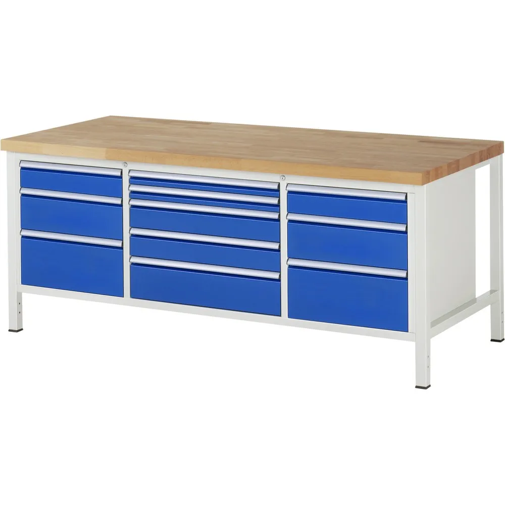 RAU Werkbank Serie 8000, 1 Dreifach-Container, HxBxT 840-1.040 x 2.000 x 900 mm, 11 Schublade 2 x 60, 4 x 120, 3 x 180, 2 x 240 mm, Schubladen-TK 100/75 kg