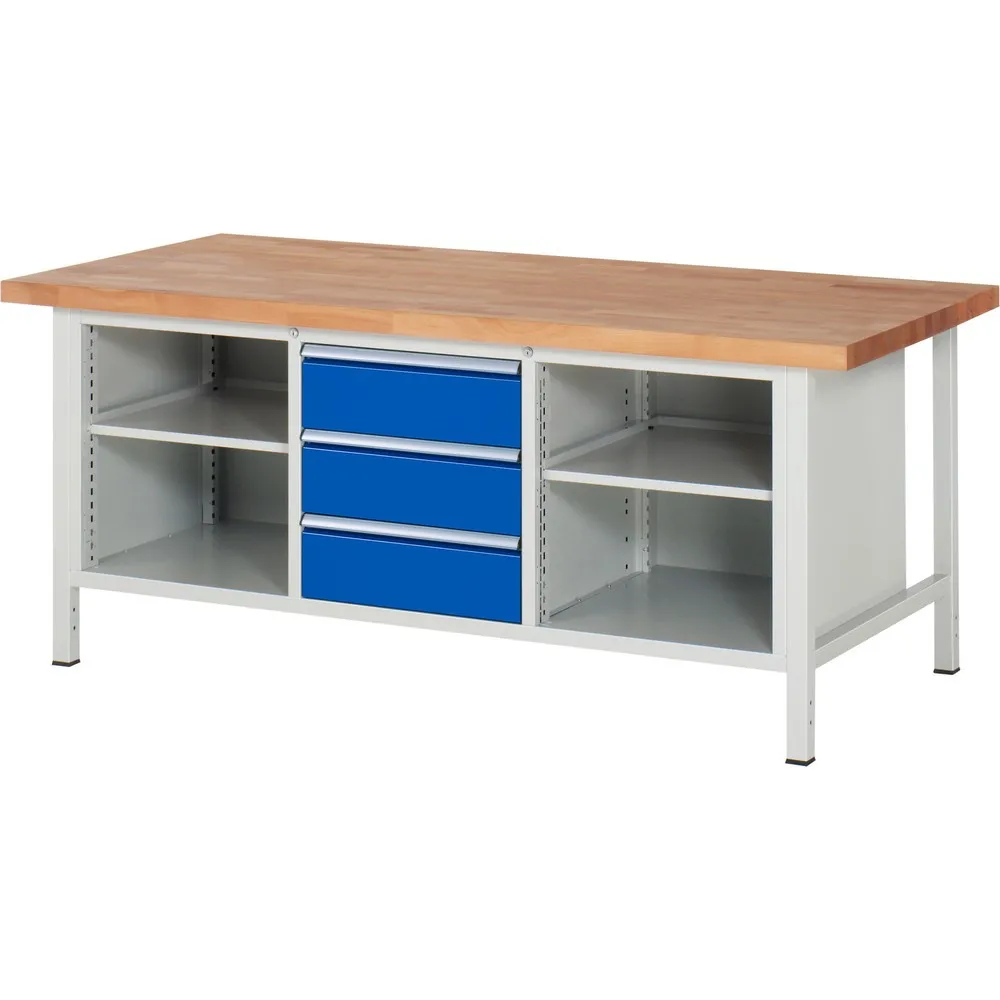 RAU Werkbank Serie 8000, 1 Dreifach-Container, 2 Fachböden, HxBxT 840-1.040 x 2.000 x 900 mm, 3 x 90%-Auszug-Schubladen
