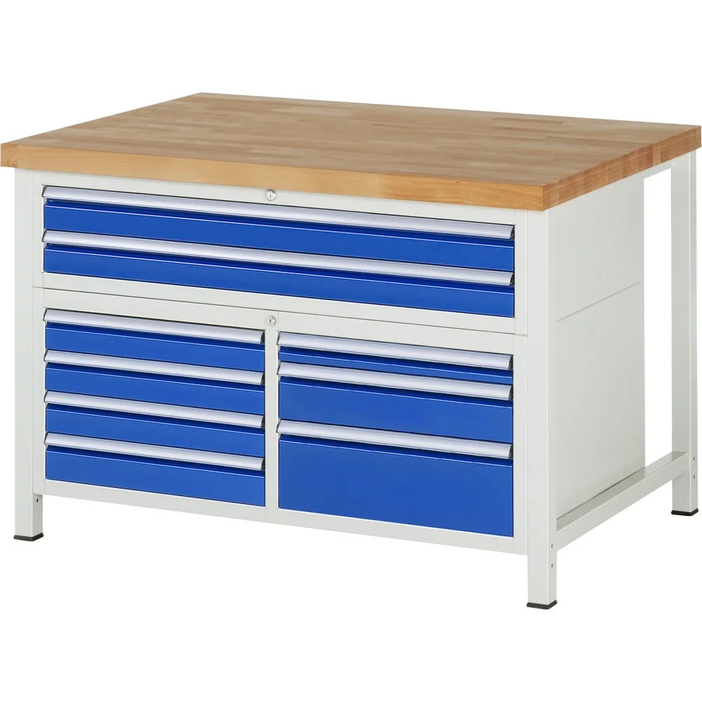 RAU Werkbank Serie 8000, 1 Dreifach-Container, HxBxT 840-1.040 x 1.250 x 900 mm, 9 x 100%-Auszug-Schubladen 1 x 60, 6 x 90, 1 x 120, 1 x 180 mm, Breite 490-1.055 mm