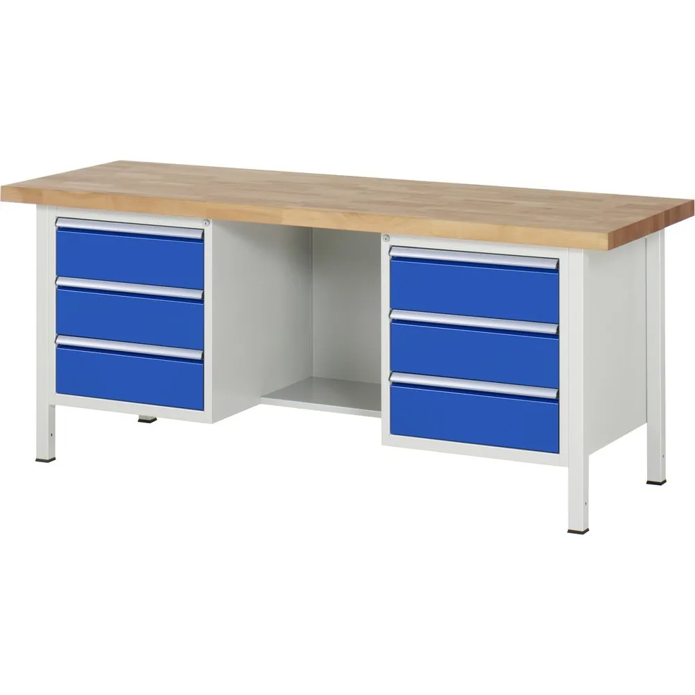 RAU Werkbank Serie 8000, 2 Container, 1 Ablageboden, HxBxT 840-1.040 x 2.000 x 700 mm, 6 x 90%-Auszug-Schubladen, ErgoScript