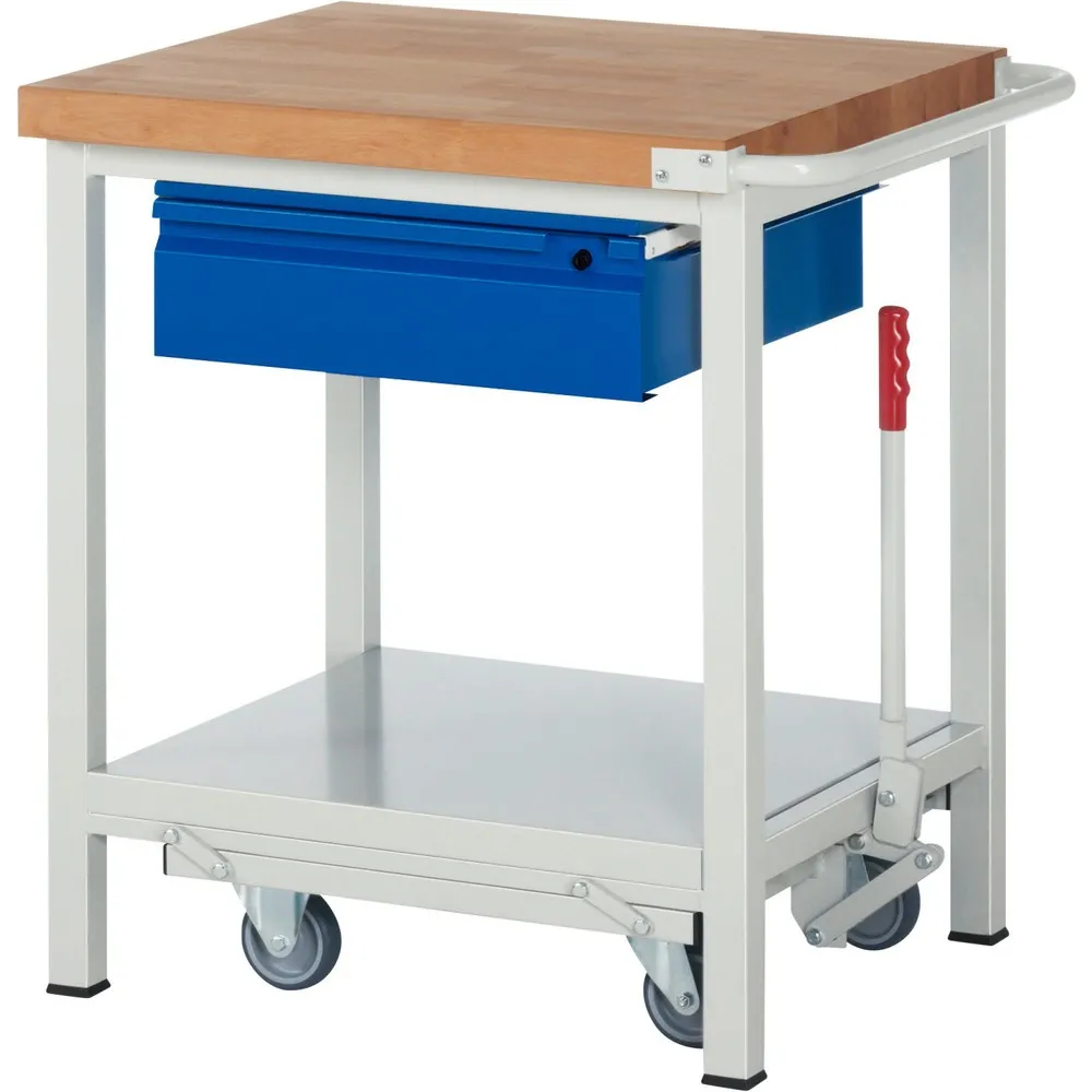 RAU Werkbank Serie 8000 mit absenkbarem Fahrgestell, HxBxT 880 x 750 x 700 mm, Ablageboden, 1 Schublade, integrierte Griffleiste