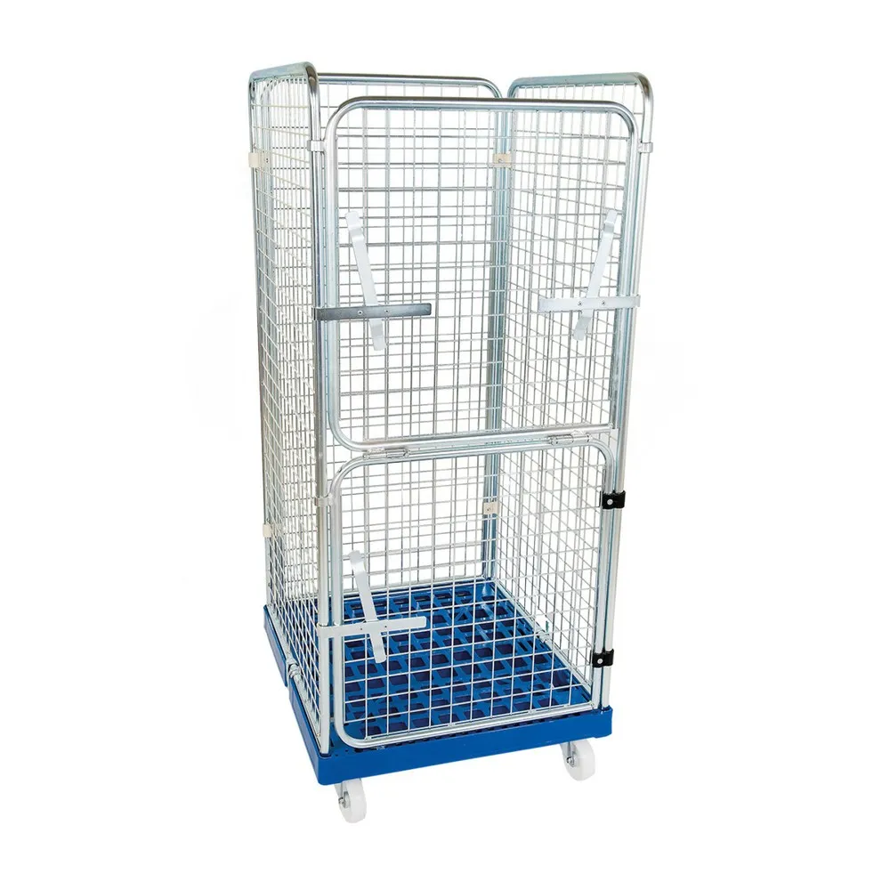 Rollbehälter Classic, 4-seitig, feinmaschig, blau verzinkt, Kunststoff-Rollplatte, CT-Verschluss, HxBxT 1.650 x 724 x 815 mm, enzianblau