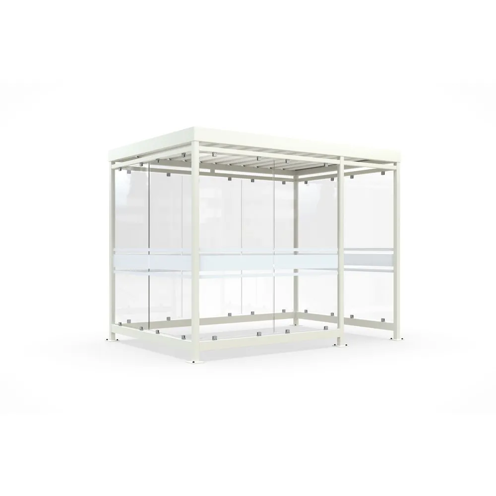 wsm® Raucherunterstand, fertig montiert, für 7-9 Personen, 9 Elemente, RAL 9002 grauweiß - mit Glasdekor