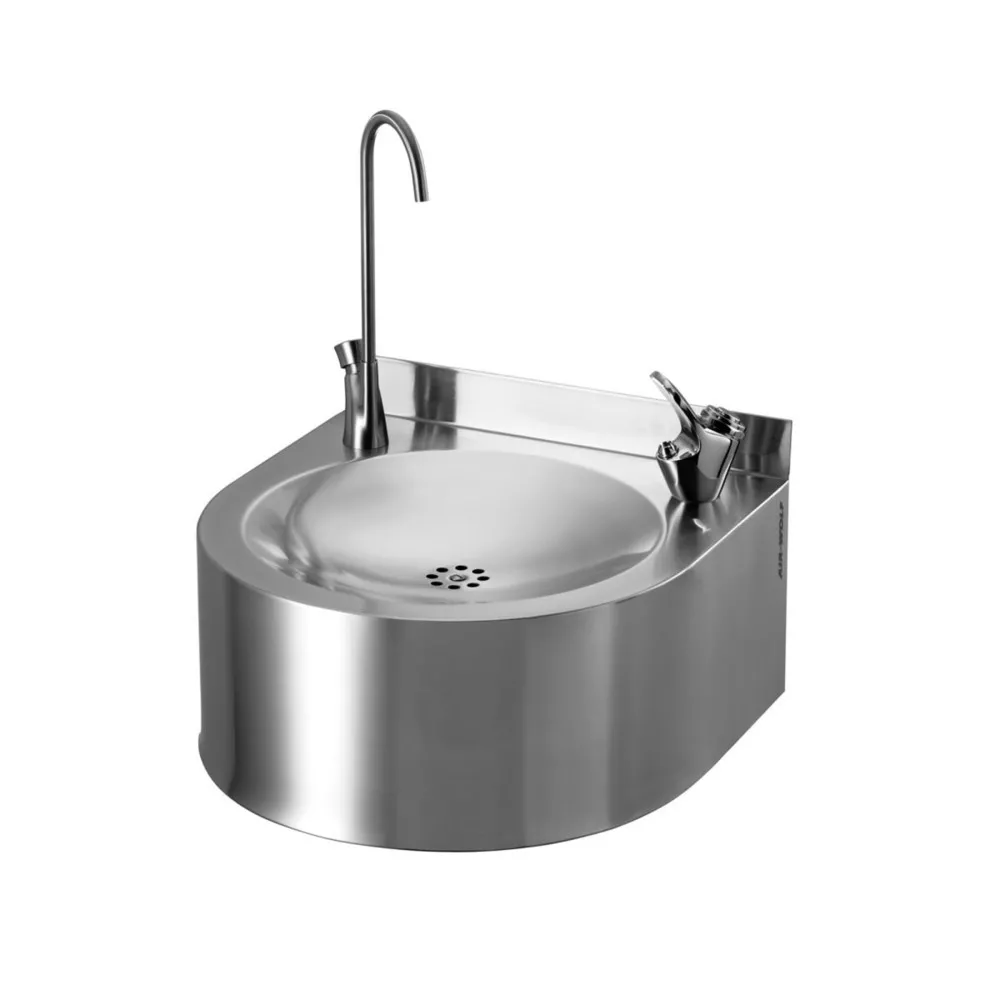 Air-Wolf Trinkbrunnen mit Druckknopf- und Flaschenfüllarmatur, Wandbecken aus Edelstahl V2A gebürstet