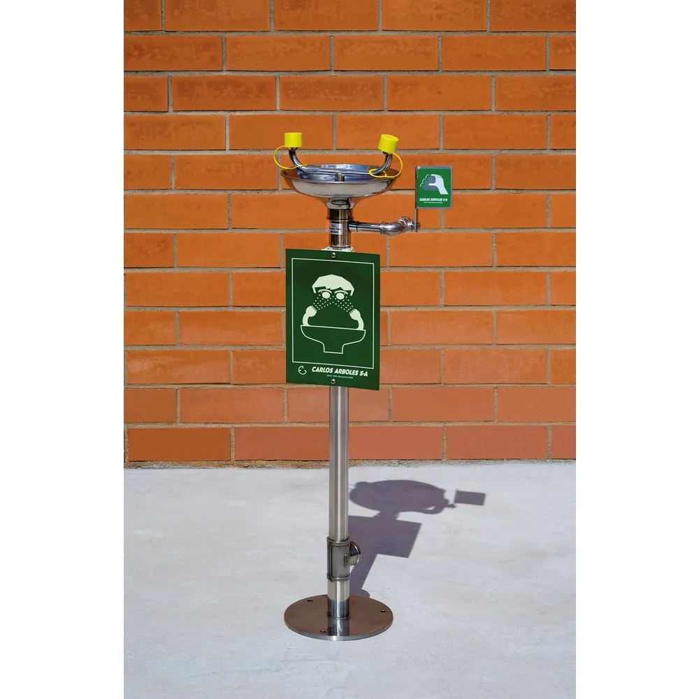 Erbstößer® Augendusche, DIN EN 15154-2 u. ANSI Z 358, Standmodell, komplett Edelstahl, mit Auffangbecken, zweistrahlig