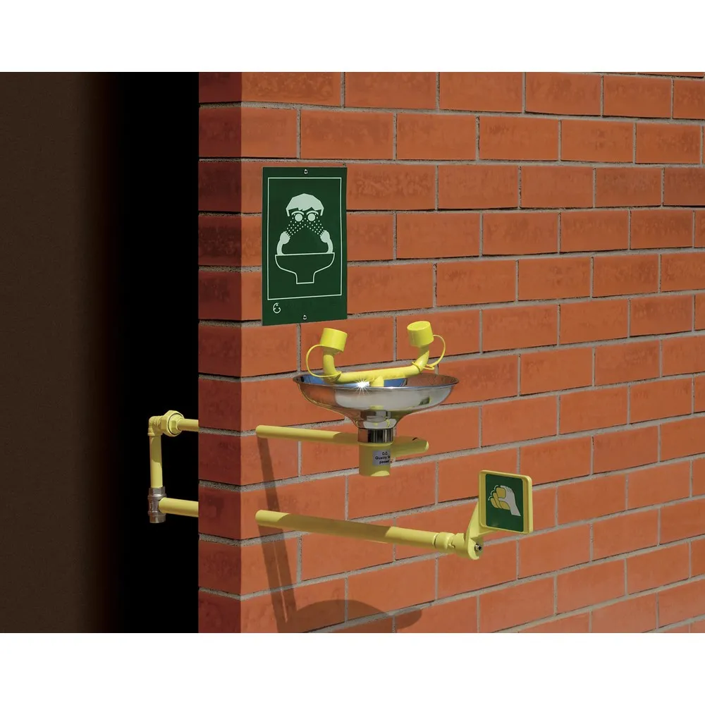 Erbstößer® Augendusche, DIN EN 15154-2 u. ANSI Z 358, Wandmontage, mit Edelstahl-Auffangbecken, zweistrahlig, frostsicher