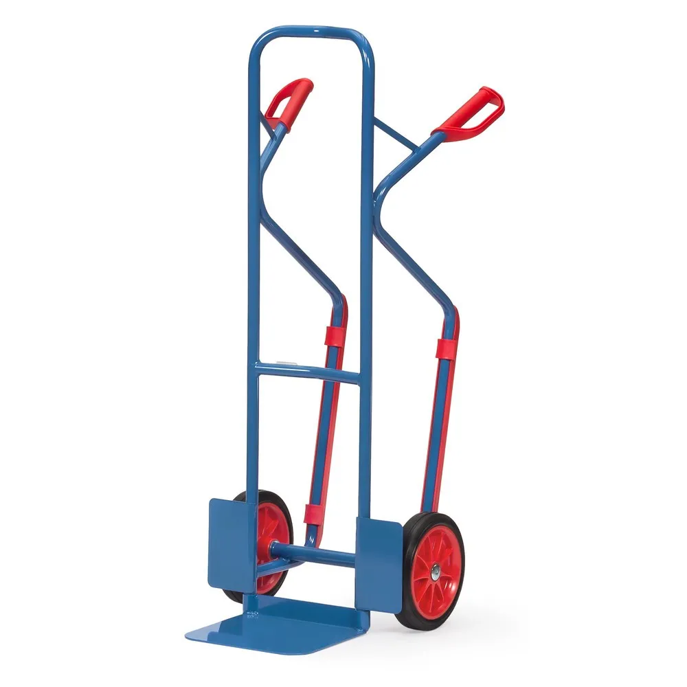 fetra® Stapelkarre, Tragkraft 300 kg, Schaufel BxT 320 x 250 mm, mit Gleitkufen, Vollgummi-Bereifung, brillantblau