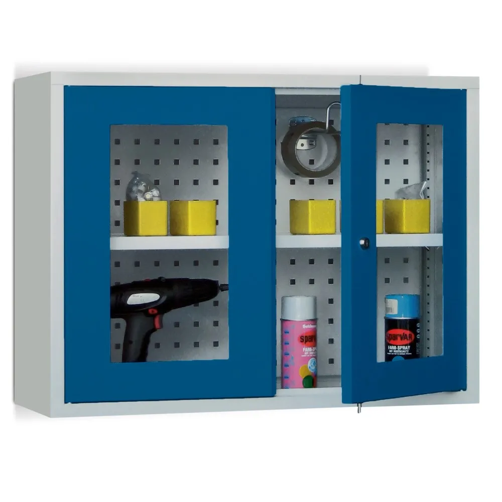 PAVOY Hängeschrank mit Sichtfenster, HxBxT 600 x 800 x 300 mm, Lochrückwand, lichtgrau, reinweiß