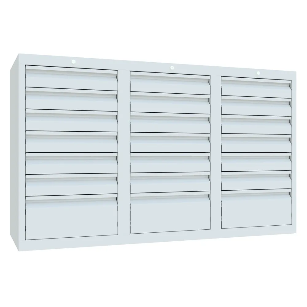 PAVOY Leichter Schubladenschrank, Gleitführung, Schubladen 18x100 + 3x200 mm, Breite 1.500 mm, lichtgrau, lichtgrau