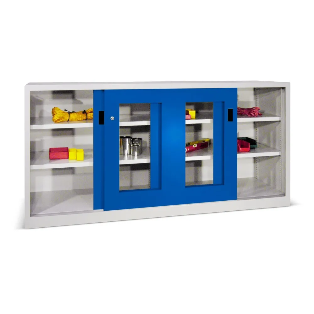 PAVOY Schiebetürenschrank mit Sichtfenstern, 4 Fachböden + Trennwand, HxBxT 1.000 x 2.000 x 600 mm, anthrazitgrau, lichtgrau