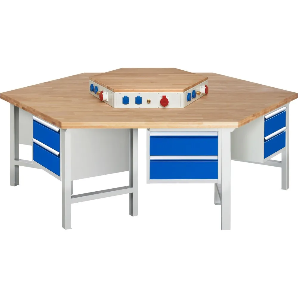 RAU Gruppenwerkbank Serie 4000, Energieaufsatz, 6 Container, HxBxT 800-1.150 x 2.700 x 2.340 mm, 12 x 100%-Auszug-Schubladen mit ErgoScript®