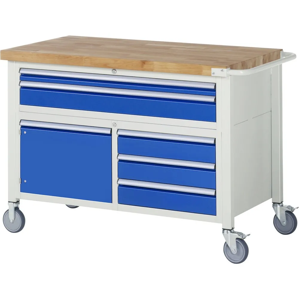 RAU mobile Werkbank Serie 8000, 1 Dreifach-Container, 1 Flügeltür, HxBxT 920 x 1.250 x 700 mm, 5 x 100%-Auszug-Schubladen
