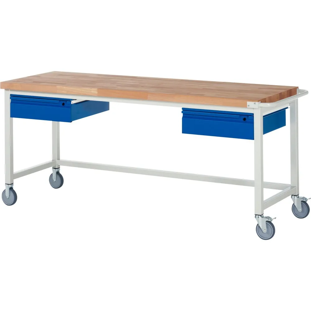 RAU mobile Werkbank Serie 8000, Buche-Massiv-Arbeitsplatte, Stärke 40 mm, HxBxT 880 x 2.000 x 700 mm, 2 Schubladen