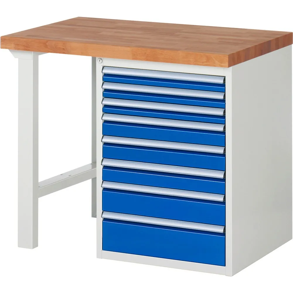 RAU Werkbank Serie 7000, 1 Container, HxBxT 890 x 1.000 x 700 mm, 8 x 100%-Auszug-Schubladen, Schubladen-TK 100 kg