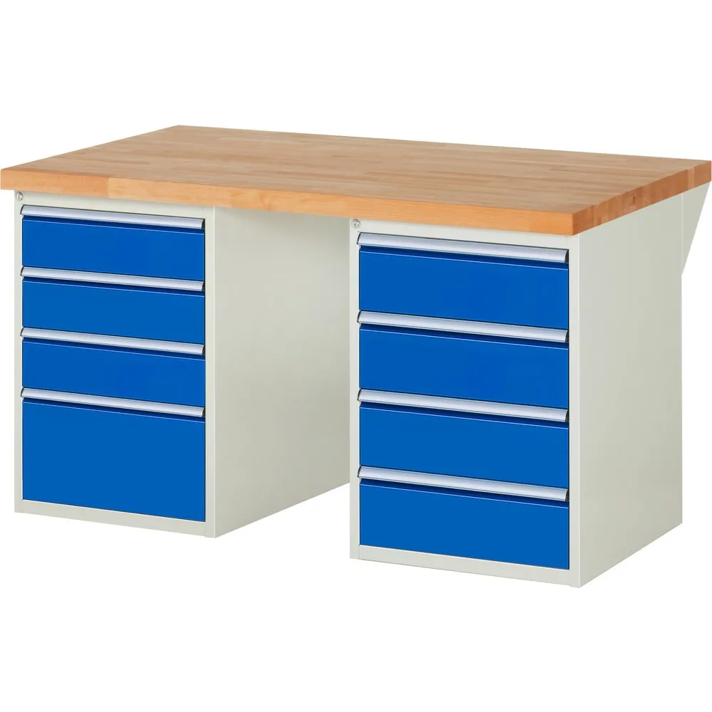 RAU Werkbank Serie 7000, 2 Container, HxBxT 840 x 1.500 x 900 mm, 8 x 90%-Auszug-Schubladen 3 x 150 mm, 4 x 180 mm, 1 x 270 mm