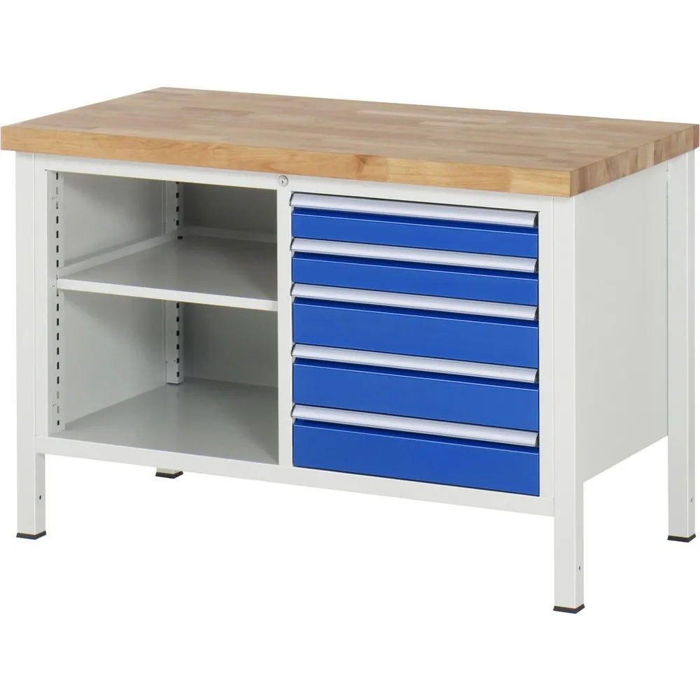 RAU Werkbank Serie 8000, 1 Doppel-Container, 1 Fachboden, HxBxT 840-1.040 x 1.250 x 700 mm, 5 x 100%-Auszug-Schubladen