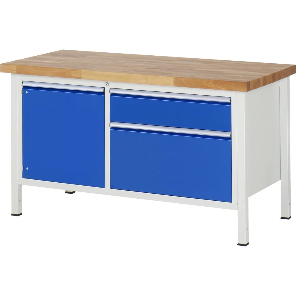 RAU Werkbank Serie 8000, 1 Doppel-Container, 1 Flügeltür, HxBxT 840-1.040 x 1.500 x 700 mm, 2 x 90%-Auszug-Schubladen