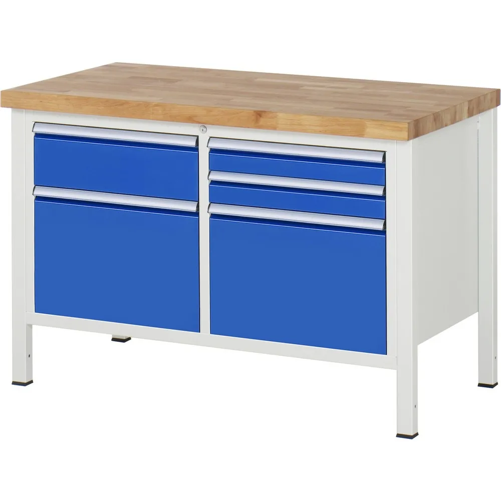 RAU Werkbank Serie 8000, 1 Doppel-Container, HxBxT 840 x 1.250 x 700 mm, 5 x 100%-Auszug-Schubladen