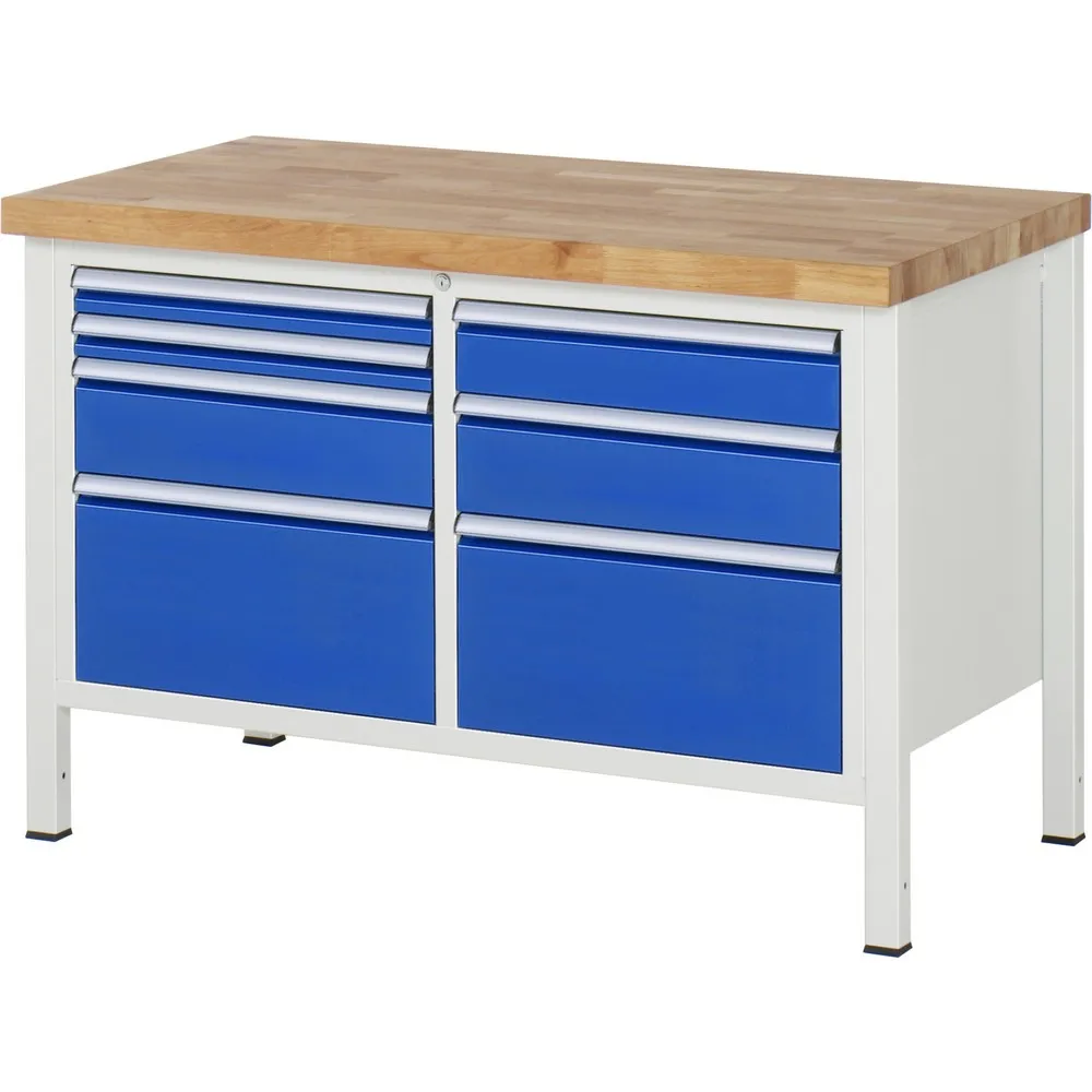 RAU Werkbank Serie 8000, 1 Doppel-Container, HxBxT 840-1.040 x 1.250 x 700 mm, 7 x 90%-Auszug-Schubladen