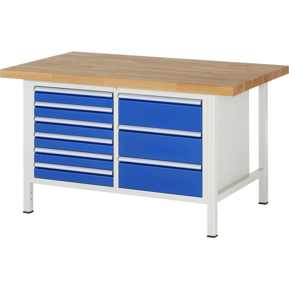 RAU Werkbank Serie 8000, 1 Doppel-Container, HxBxT 840-1.040 x 1.500 x 900 mm, 9 x 90%-Auszug-Schubladen 6 x 90, 3 x 180 mm, Breite 490 mm