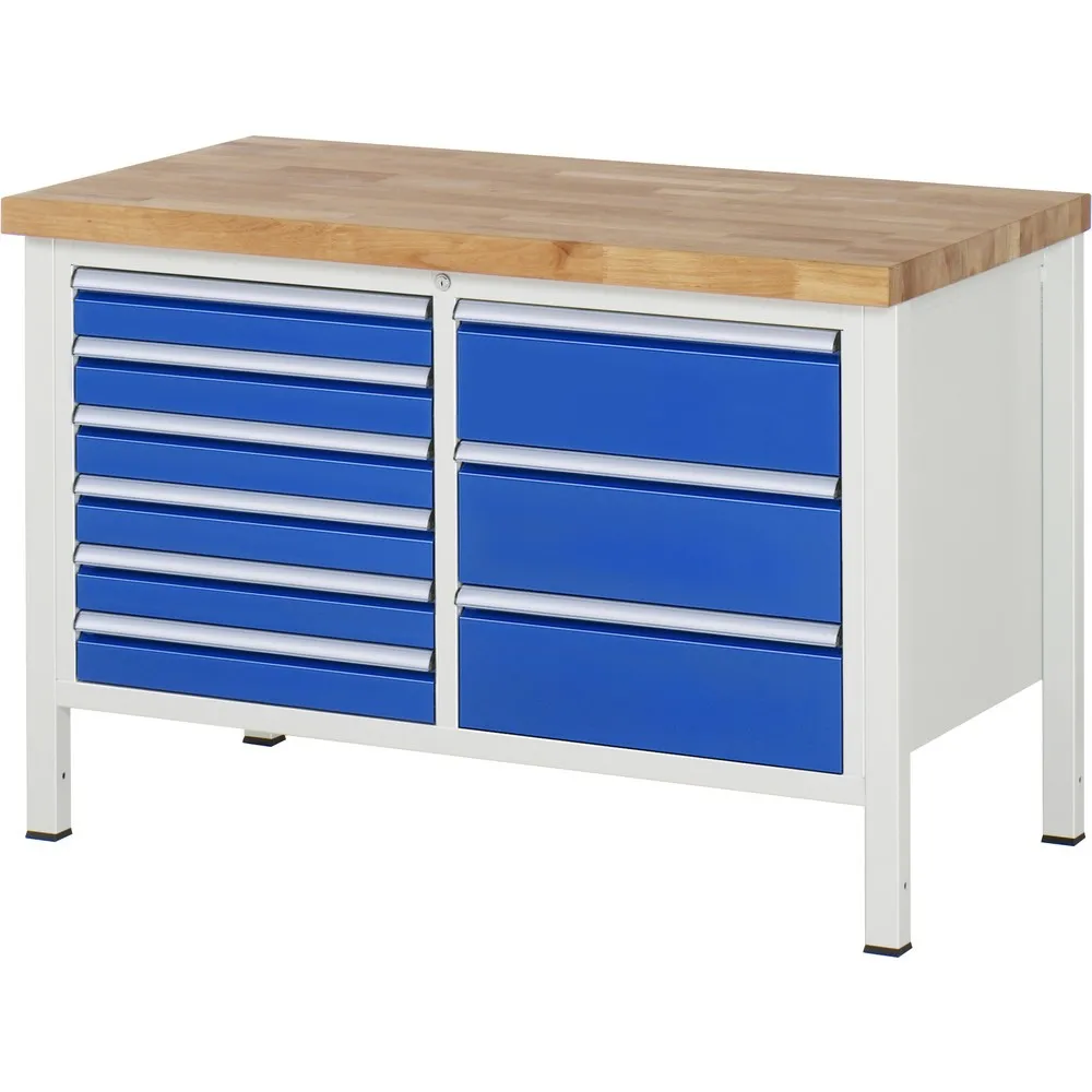 RAU Werkbank Serie 8000, 1 Doppel-Container, HxBxT 840 x 1.250 x 700 mm, 9 x 100%-Auszug-Schubladen 6 x 90, 3 x 180 mm, Schubladen-TK 100 kg