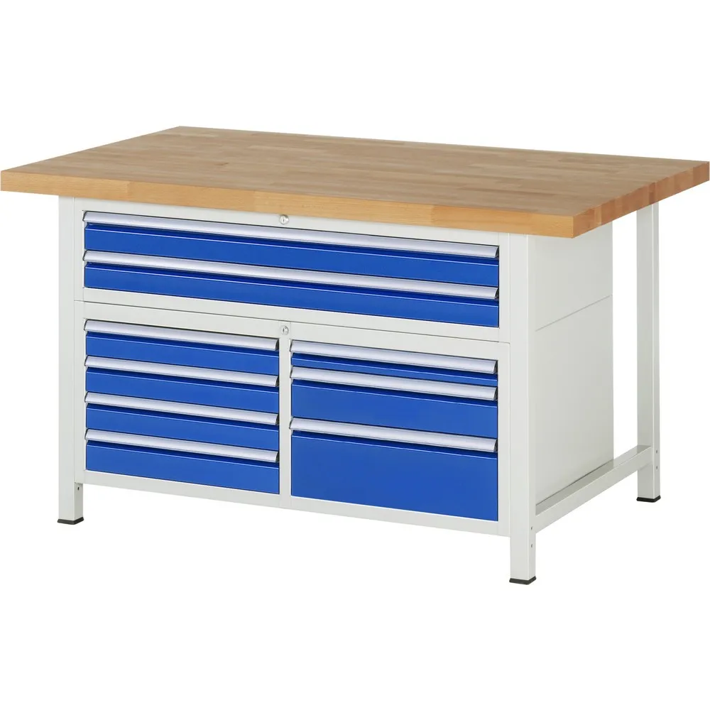 RAU Werkbank Serie 8000, 1 Dreifach-Container, HxBxT 840 x 1.500 x 900 mm, 9 x 90%-Auszug-Schubladen, 2 XXL Schubladen oben