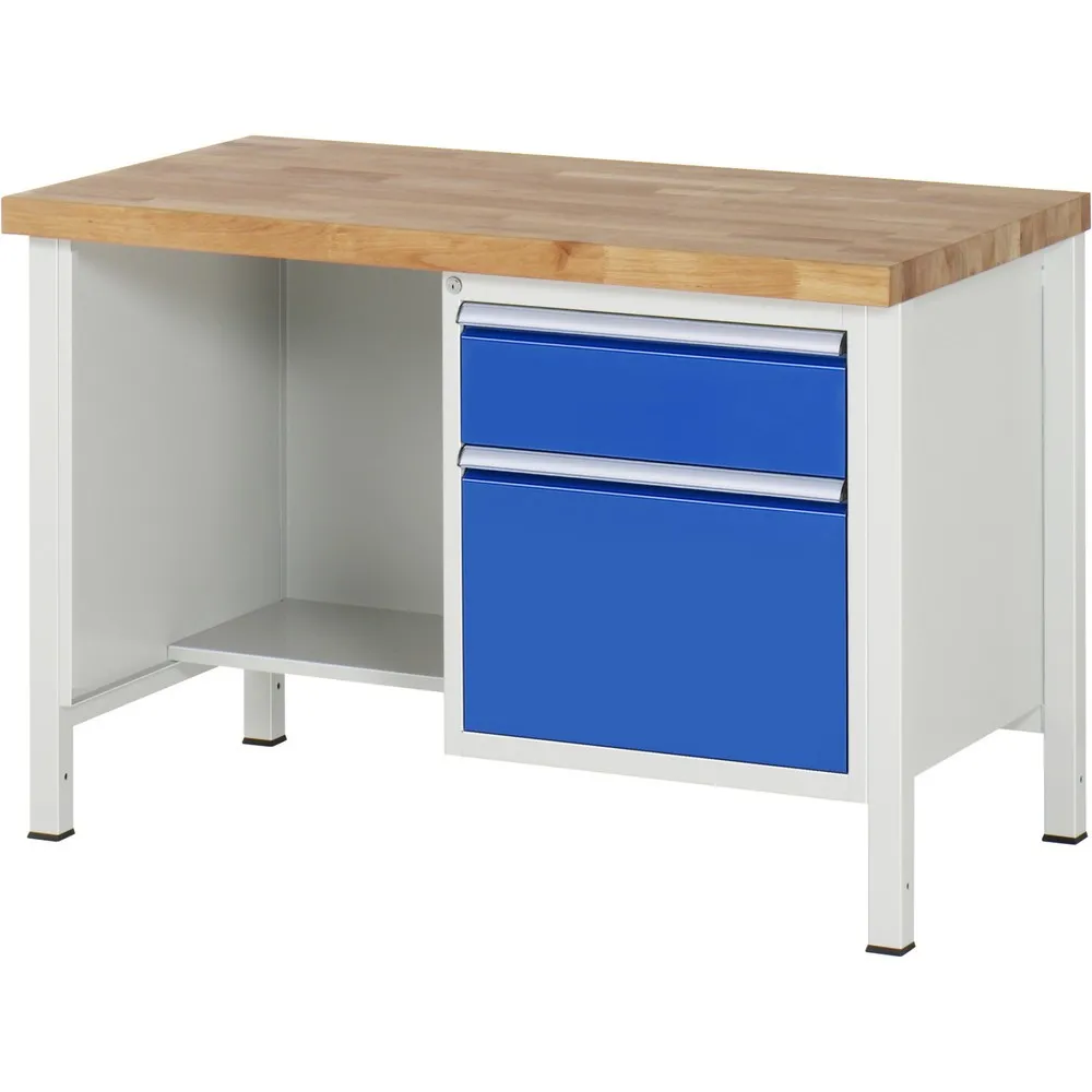 RAU Werkbank Serie 8000, 1 Ablageboden, HxBxT 840 x 1.250 x 700 mm, 2 x 100%-Auszug-Schubladen