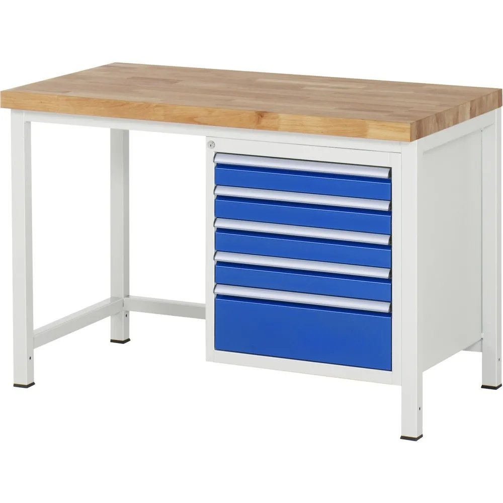 RAU Werkbank Serie 8000, HxBxT 840-1.040 x 1.250 x 700 mm, 5 x 90%-Auszug-Schubladen 4 x 90, 1 x 180 mm, Schubladen-TK 100 kg