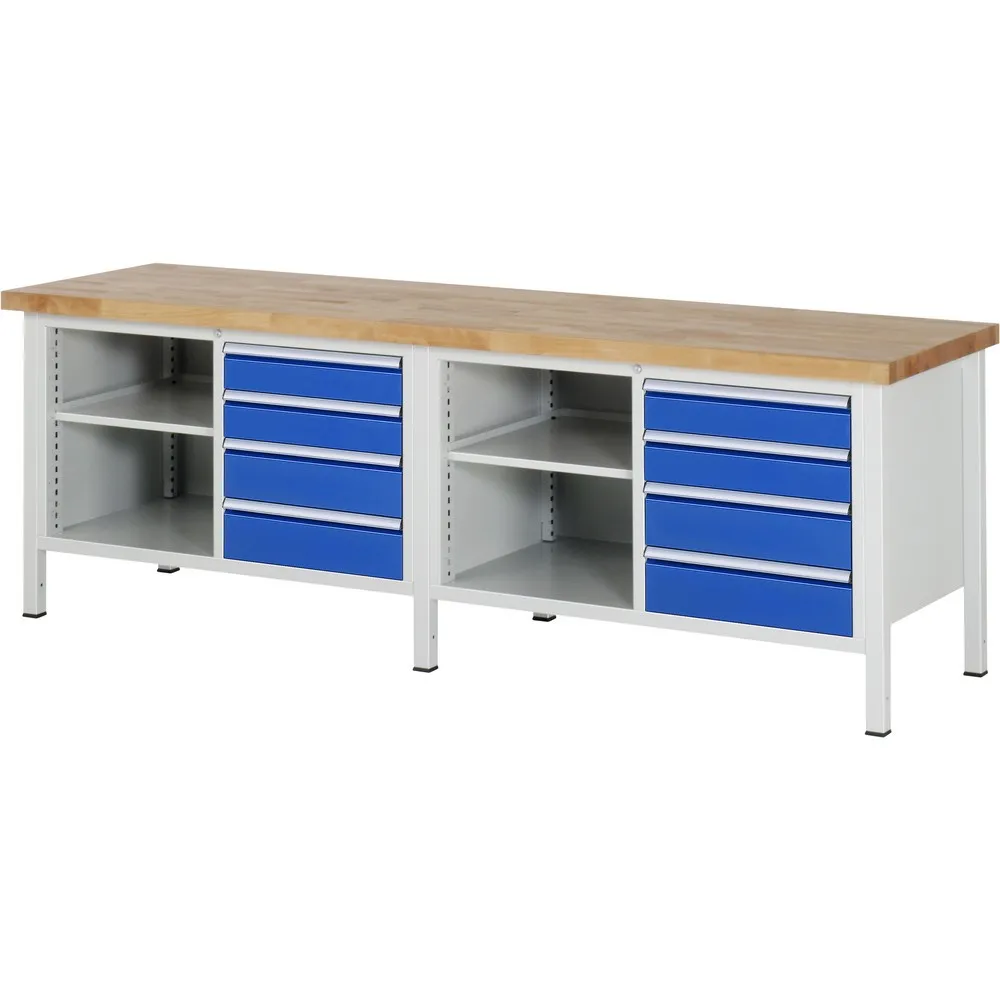 RAU Werkbank Serie 8000, 2 Doppel-Container, 2 Fachböden, HxBxT 840 x 2.500 x 700 mm, 8 x 100%-Auszug-Schubladen