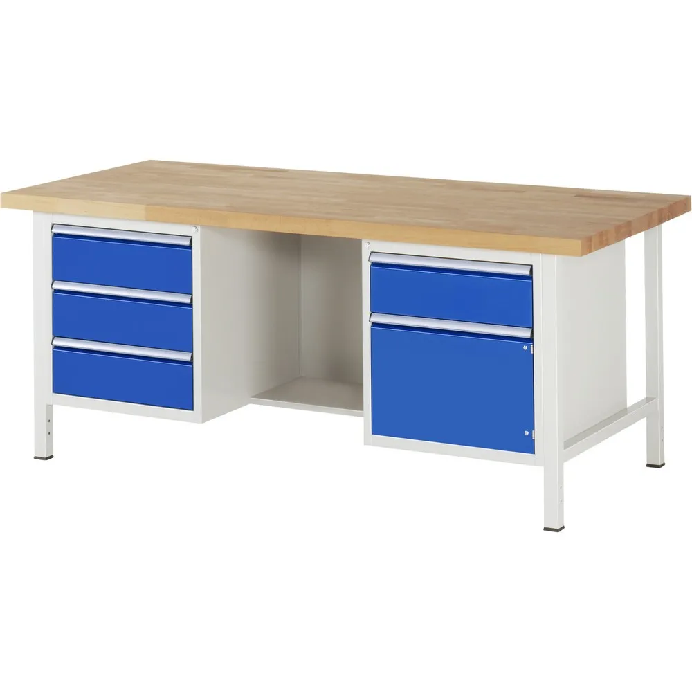 RAU Werkbank Serie 8000, 2 Container, 1 Ablageboden, 1 Flügeltür, HxBxT 840-1.040 x 2.000 x 900 mm, 4 x 90%-Auszug-Schubladen 4 x 180 mm