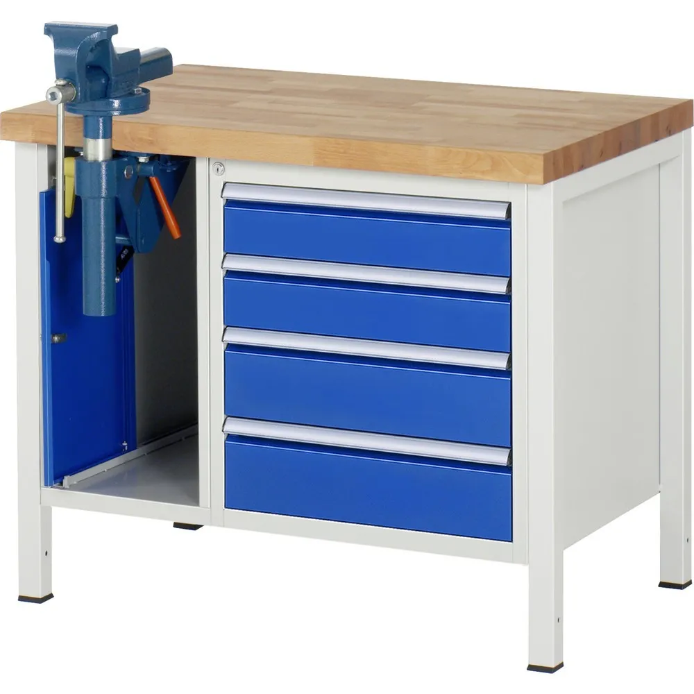 RAU Werkbank Serie 8000, 2 Container, HxBxT 840 x 1.000 x 700 mm, 4 x 90%-Auszug-Schubladen, inkl. Schraubstock