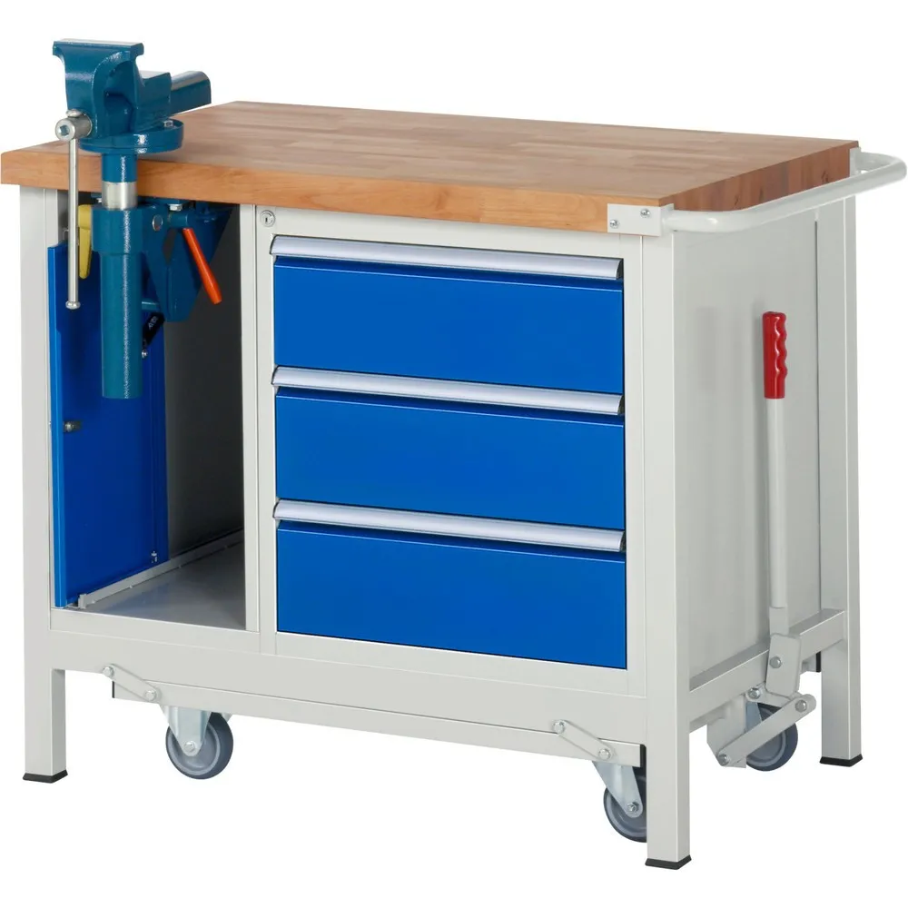 RAU Werkbank Serie 8000 mit absenkbarem Fahrgestell, 2 Container, HxBxT 880 x 1.000 x 700 mm, 3 x 90%-Auszug-Schubladen, ErgoScript