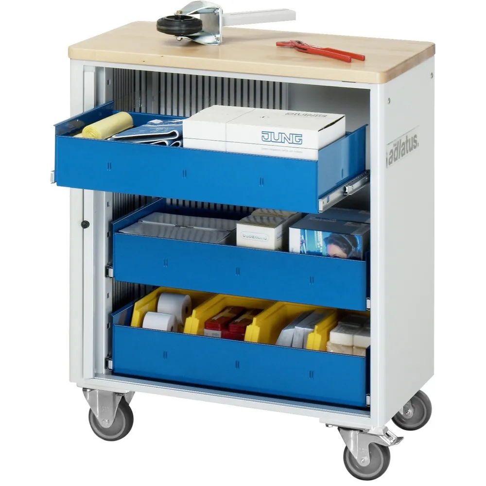 RAU Werkzeugwagen Serie adlatus 700, HxBxT 860 x 725 x 400 mm, 3 Schubladen ohne Einzelsicherung, 3 x 105 mm, Arbeitsplatte Buche