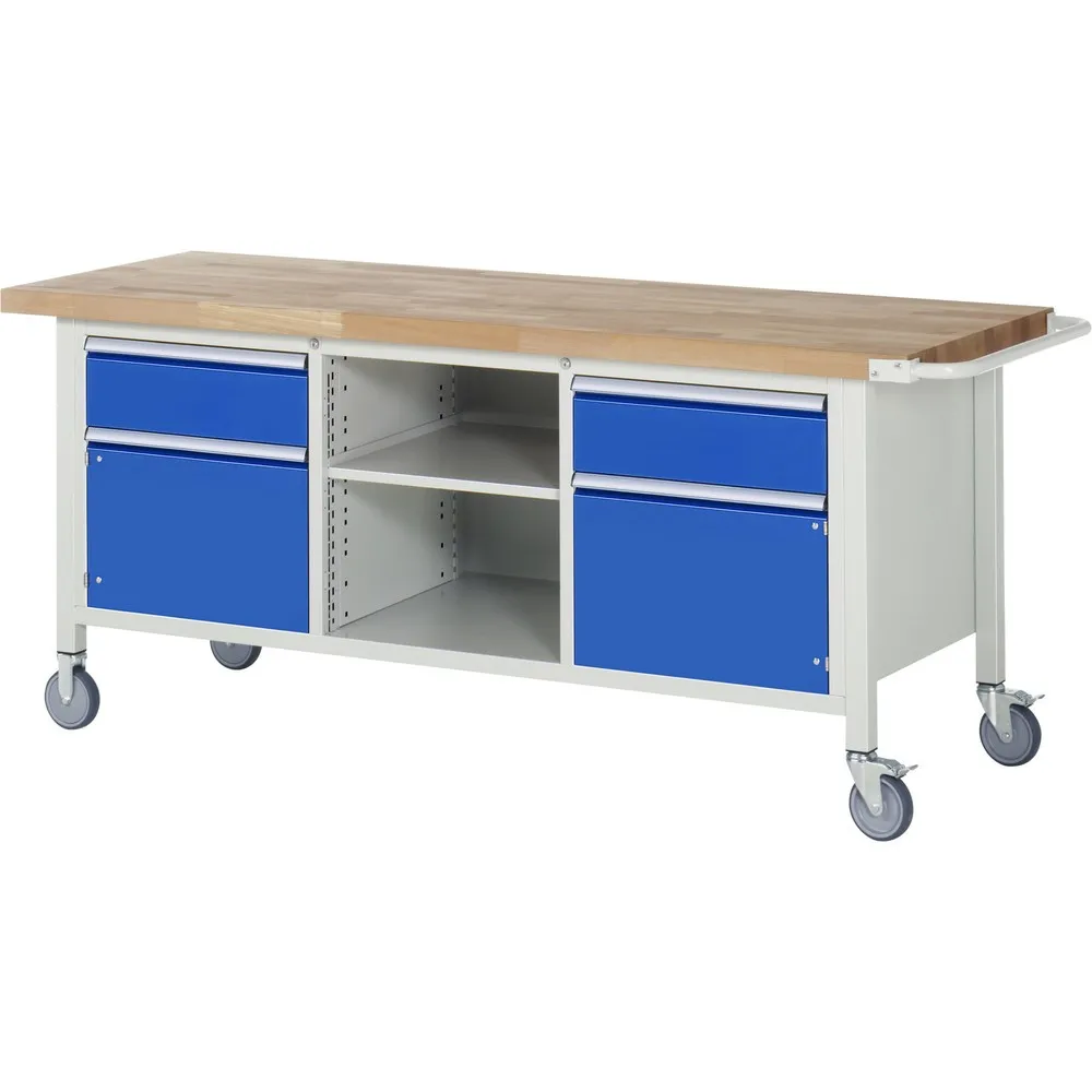 RAU mobile Werkbank Serie 8000, 1 Dreifach-Container, 1 Fachboden, 2 Flügeltüren, HxBxT 880 x 2.000 x 700 mm, 2 x 100%-Auszug-Schubladen