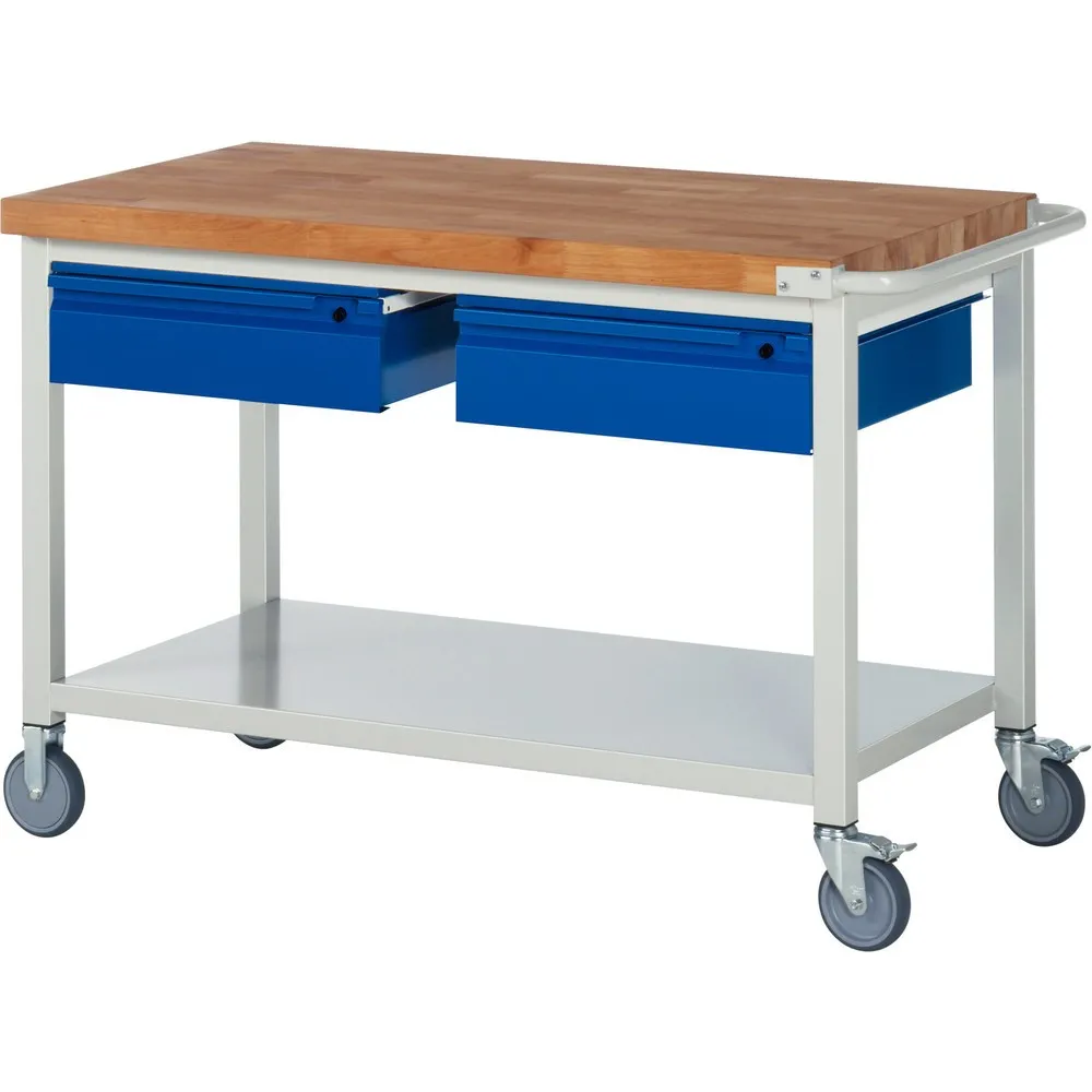 RAU mobile Werkbank Serie 8000, Buche-Massiv-Arbeitsplatte, Stärke 40 mm, HxBxT 880 x 1.250 x 700 mm, 2 Schubladen, 1 Ablageboden