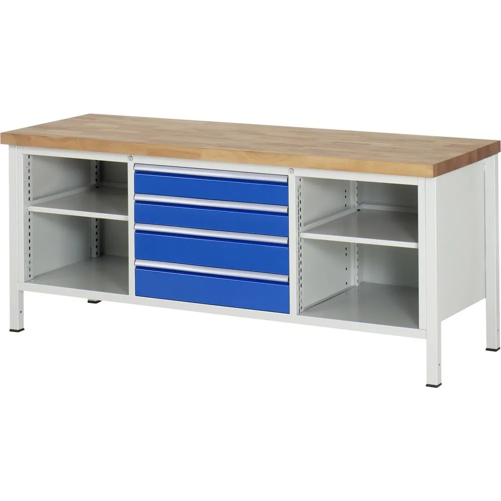 RAU Werkbank Serie 8000, 1 Dreifach-Container, 2 Fachböden, HxBxT 840 x 2.000 x 700 mm, 4 x 90%-Auszug-Schubladen, Schubladen-TK 75 kg