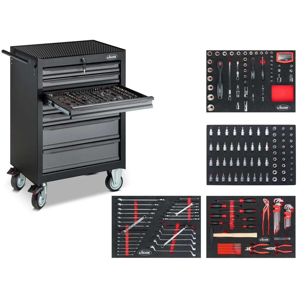 VIGOR® Werkzeugwagen 500N, 7 Schubladen, inkl. 227-teiligem Werkzeugsortiment